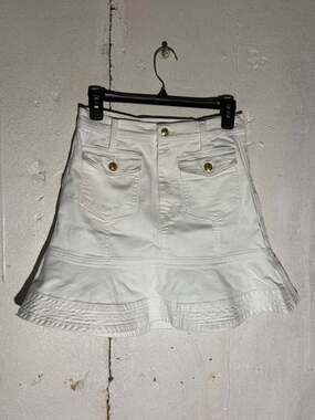 7 For All Mankind White Denim Flounce Hem Mini Skirt with Gold Buttons